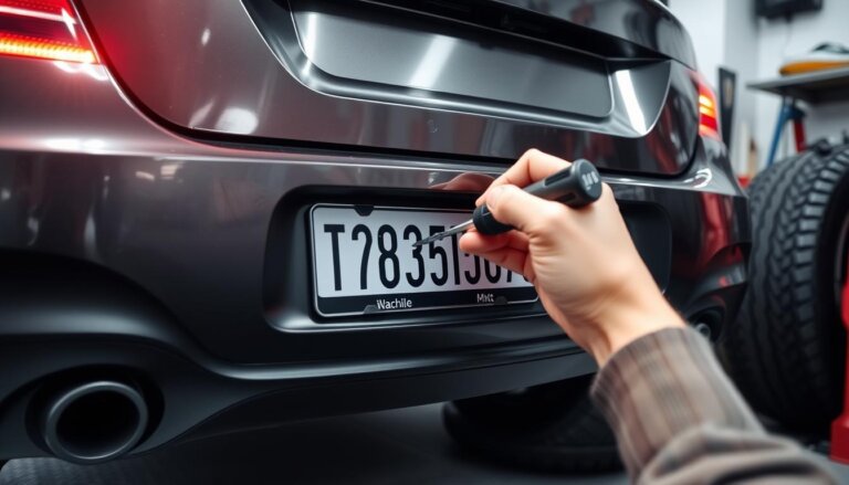 Person schraubt ein Nummernschild mit einem Schraubenzieher an einem Fahrzeug ab, Nahaufnahme in einer Werkstattumgebung.