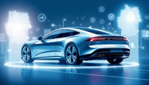 Futuristisches Elektrofahrzeug mit hervorgehobenen Sicherheitsmerkmalen, umgeben von Versicherungssymbolen und einer abstrakten Deutschlandkarte im Hintergrund.