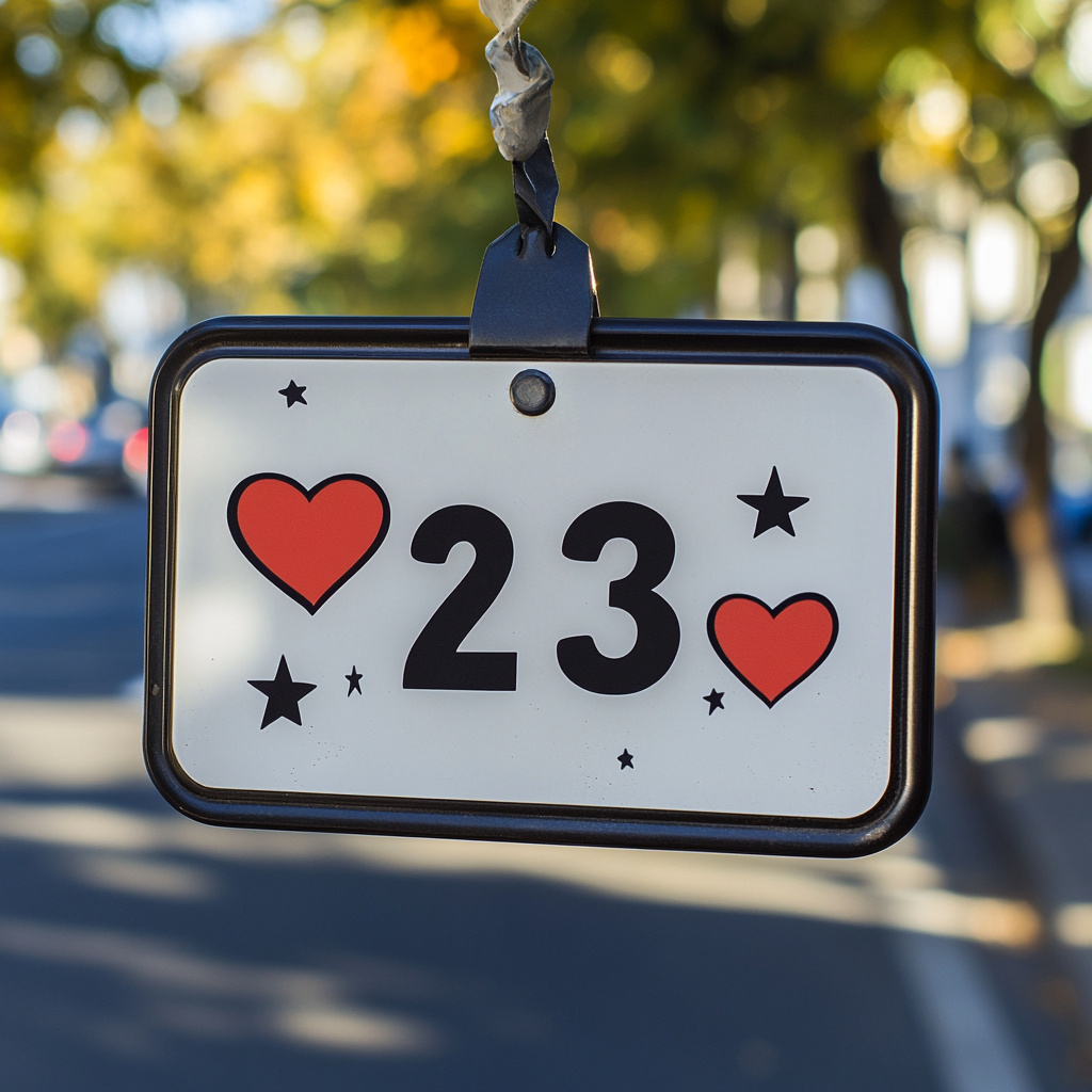 Ein kreatives Autokennzeichen mit der Zahl "23", umgeben von roten Herzen und schwarzen Sternen, an einem Haken befestigt und vor einem unscharfen Hintergrund hängend.