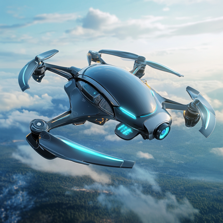 Futuristische Quadcopter-Drohne im eleganten silber-schwarzen Metallic-Design, mit blau leuchtenden LED-Lichtern und einer hochauflösenden Frontkamera, die in einem klaren blauen Himmel über einem üppigen grünen Wald schwebt.