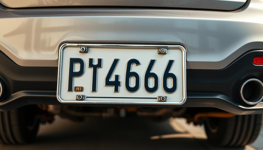 Nahaufnahme eines Autokennzeichens mit der Nummer 'PY 4666', befestigt an der Heckseite eines silbernen Fahrzeugs. Das Nummernschild ist in einem verchromten Rahmen montiert.