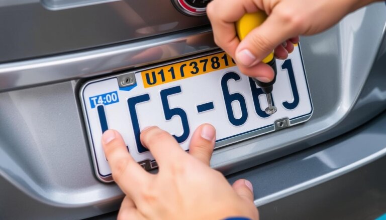 Nahaufnahme von Händen, die mit einem Schraubendreher ein Autokennzeichen an der Heckseite eines silbernen Fahrzeugs befestigen. Die Schrauben werden zur sicheren Montage angezogen.